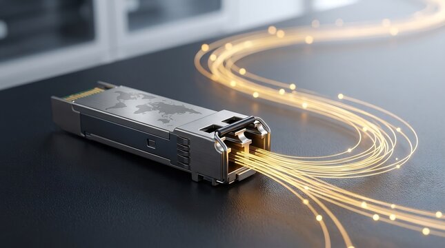 Fiber optic transceiver module with world map engraving and glowing light strands