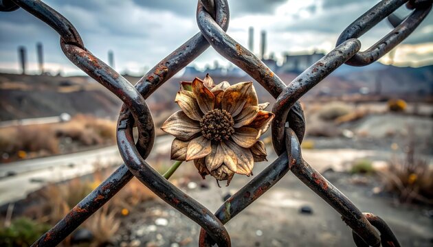 A dried flower trapped within rusty industrial chain-link fencing against a bleak urban sky