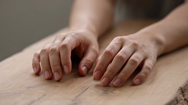 ?Gentle hands resting on wooden table closeup hand movement