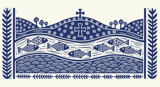 Whimsical folk art illustration of a stylized landscape with a river teeming with fish rolling hills dotted with trees and a central cross emblem framed by decorative borders