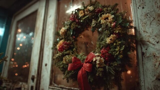 Festive Wreath on Weathered Door: A vibrant, handcrafted wreath adorned with lush foliage and a festive red bow hangs on a timeworn door, exuding warmth and charm during the holiday season.