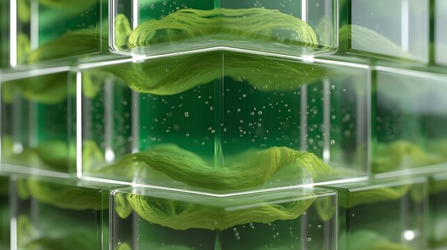 Abstract close-up of green algae or seaweed in clear glass cubes, forming a modern scientific or environmental display with bubbles and vibrant texture