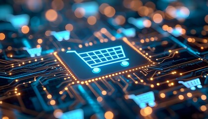 Obraz premium Close-up of a glowing blue shopping cart icon on a circuit board with orange lights.