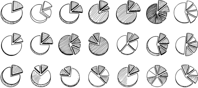 Hand-drawn sketch pie chart collection with various slices and shading styles, perfect for infographic doodles and data visualization concepts on white background.