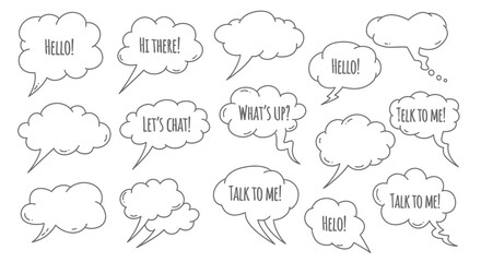 Fototapeta premium Hand-drawn speech bubbles with various greetings and questions, isolated on white.