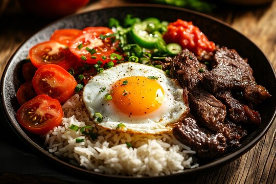 Traditional filipino tapsilog breakfast with garlic rice, beef, and egg delight