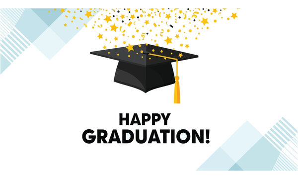 Happy graduation celebration with confetti and a graduation cap on a white background with blue geometric shapes