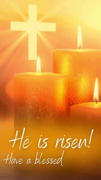 vertical ethereal christian religious animated card with easter greetings: he is risen! have a blessed easter!