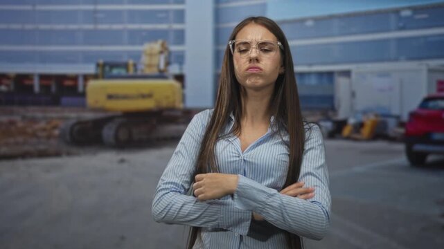 Young woman with glasses and puffed cheeks, arms crossed in front of a construction building wearing a striped shirt and long hair; frustration delay complaint.