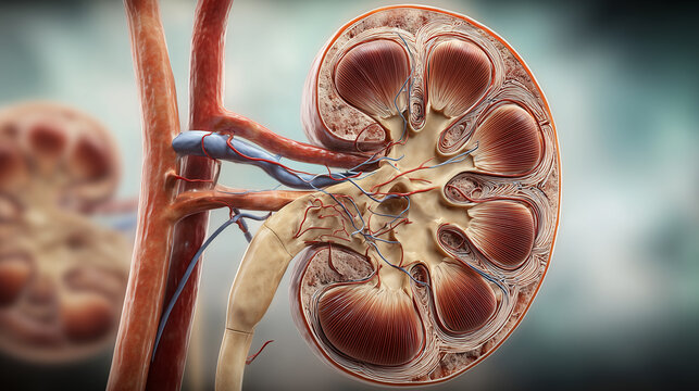 Detailed anatomical cross section of human kidney with internal structures