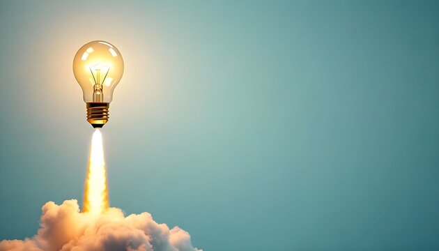 A glowing lightbulb blasts off into the sky with a fiery trail and smoke.