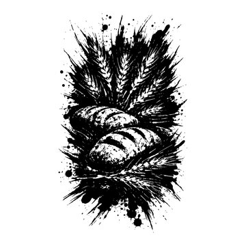 Fresh baked bread loaves with wheat stalks in artistic ink splash style