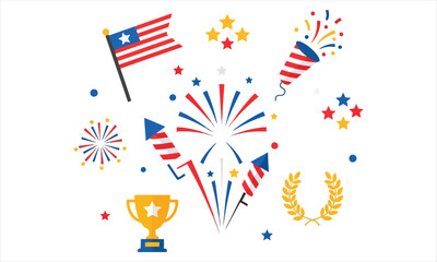 Obraz premium American patriotic icons and fireworks on white background for independence day celebrations