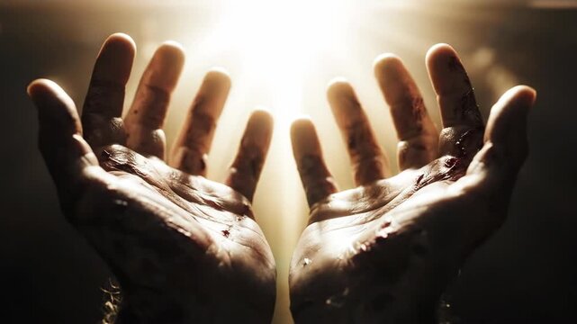 jesus christ's hands with wounds reaching up to holy light beam in darkness. concept of prayer, faith and easter resurrection. spiritual background. church narrative