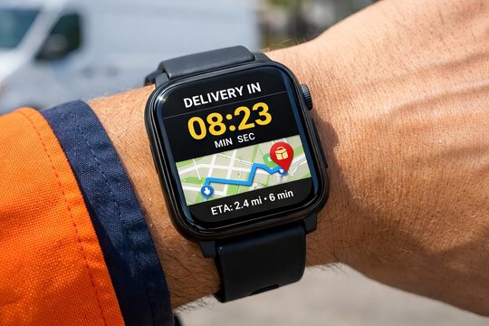 Smartwatch displaying automated delivery system with map and timers for efficient logistics and warehouse management. concept of smart technology, real-time tracking, innovation