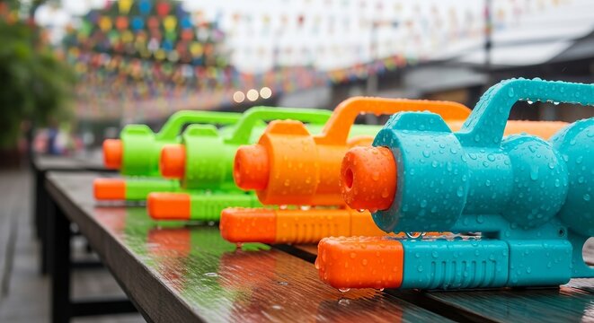 Colorful water guns with water drops on a wooden table for Songkran Festival celebration. Traditional thai new year holiday fun activity