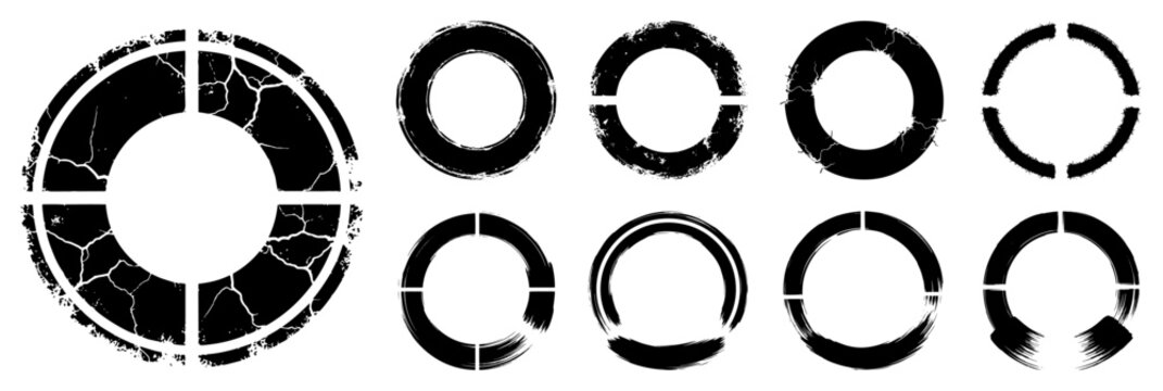 Grunge circular frames and weathered stamp borders with cracked textures in distressed ink style