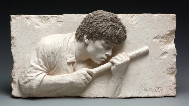 Artisan sculpting stone a detailed bas relief in monochrome