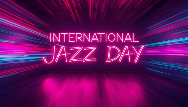 A vibrant neon sign reading International Jazz Day in a dark room with colorful lights