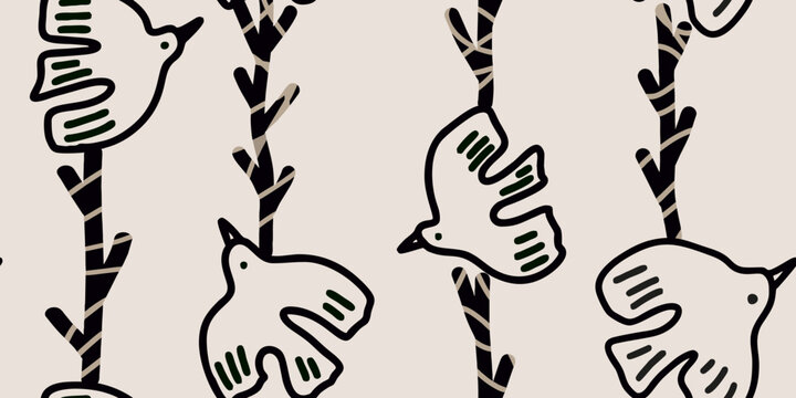 Seamless Pattern with Hand-Drawn Birds and Branches