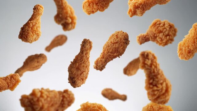 Crispy golden fried chicken drumsticks floating on light background delicious fast food snack