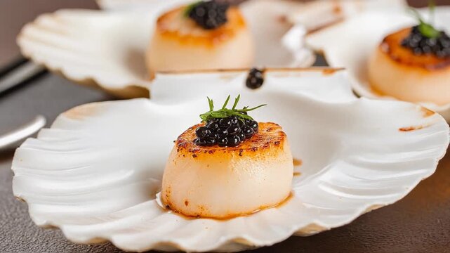 Delicious seared scallops served with black caviar and fresh herbs on white shell plates gourmet seafood appetizer