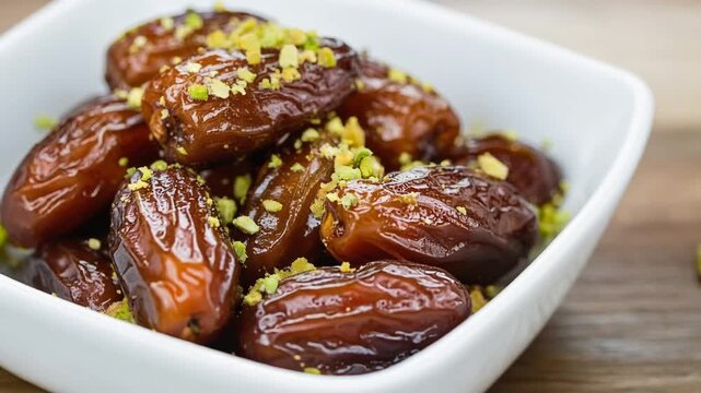 Sweet fresh dates topped with crushed pistachios in a white bowl on wooden table