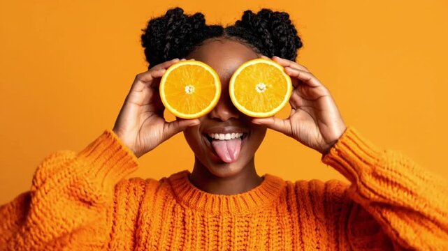 Smiling woman holding orange halves against a bright background.