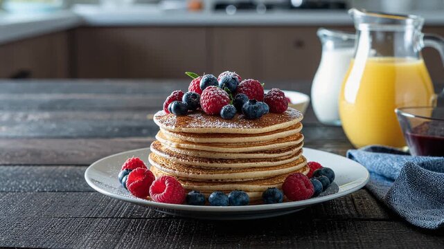 Stack of fluffy pancakes topped with fresh blueberries and raspberries served with orange juice and milk
