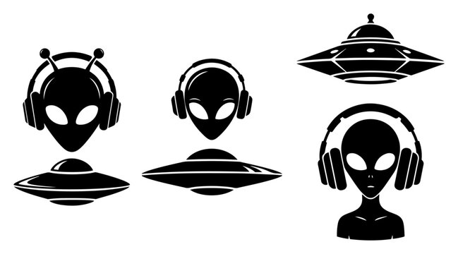 Alien heads with headphones and UFO spaceships icon set in flat style