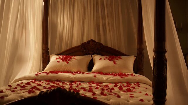 Luxurious canopy bed adorned with soft white sheer curtains and scattered red rose petals