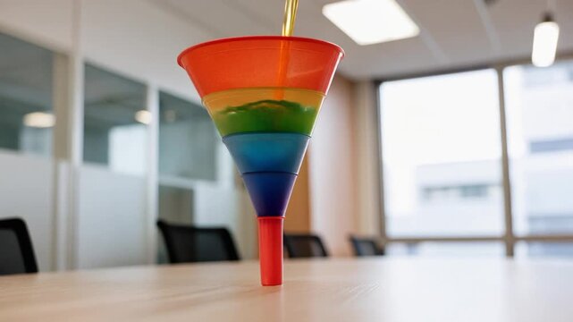 Colorful layered liquid flowing through a multi-section funnel on an office table with blurred background