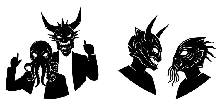 Surreal monster creatures with tentacle heads and demonic faces in minimalist graphic style