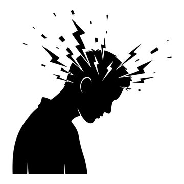 Human silhouette with lightning bolts exploding from head representing headache or stress in minimalist style