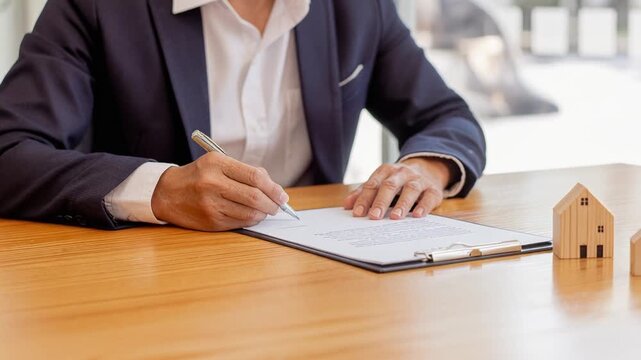 Businessman signing real estate contract with wooden house models on table for property agreement