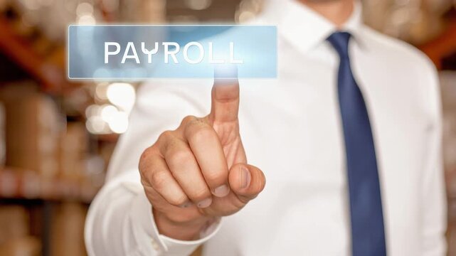 Businessman pressing virtual payroll button for employee payment and financial management concept