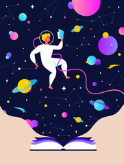 Fototapeta premium Book, Imagination, Dreams. Cosmos story, space imagination. Open book storybook for children. Online books, digital library storytelling, story store. Best sellers top list. Vector Illustration