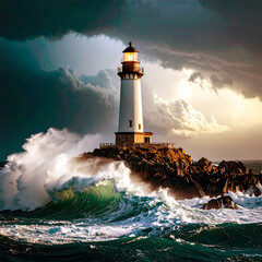 Obraz premium Lighthouse on the Coast with waves thrashing against it under a stormy dark sky