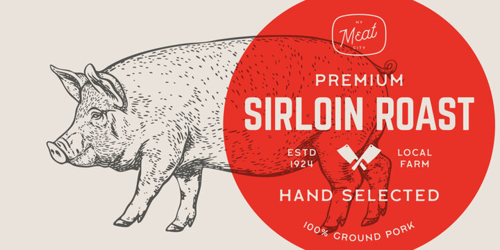 Vintage pig meat butcher engraving, pork sirloin roast label. Traditional butcher shop pork meat branding, rustic pig emblem. Quality pork meat pig butcher sign. Vector Illustration
