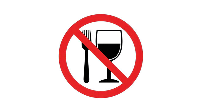 A red circle with a slash through a fork and wine glass against a black background.