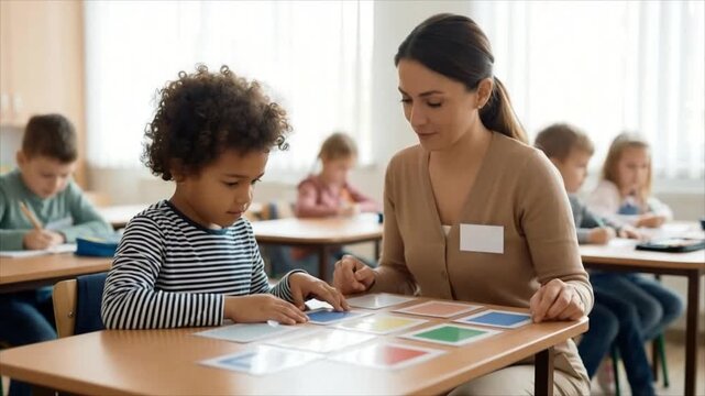 Teacher is helping a child with learning materials in classroom. Woman instructor working with boy study group to improve educational skills in school setting.
