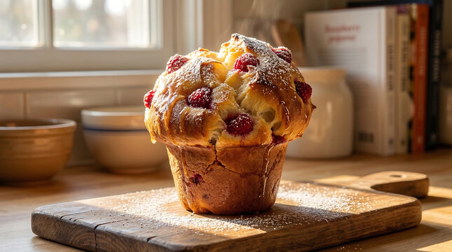 Golden Brown Raspberry Popover Topped with Powdered Sugar on a Rustic Wooden Board