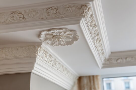 White decorative ceiling molding with rosette details and gentle shadows