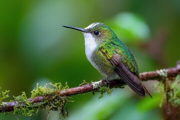 Fototapeta premium White-crowned hummingbird resting amid vibrant green foliage in a Costa Rican tropical rainforest