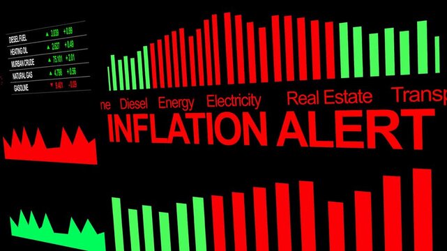 Animated financial dashboard showing rising inflation rates and CPI data with alert indicators. The video presents increasing cost of living metrics, including categories such as energy, food, and hou