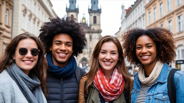 Multiethnic group of friends smiling during a city tour in Prague. Diverse men and women posing for a travel portrait against a historic cathedral background.