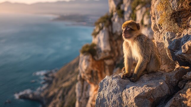 Wildlife portrait of a macaque on rugged coastal cliffs of Gibraltar at golden hour