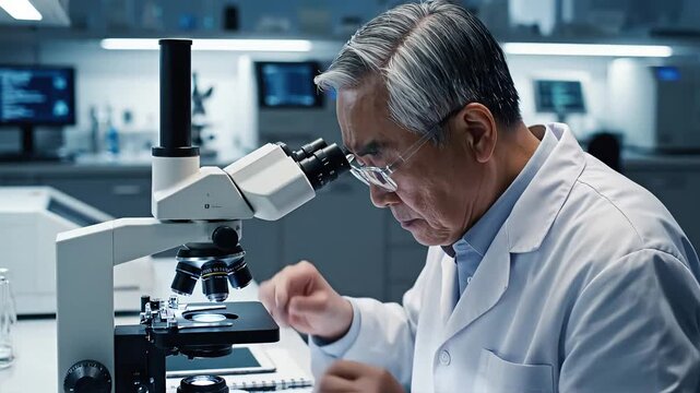 Senior Asian male scientist in white lab coat using microscope in modern laboratory