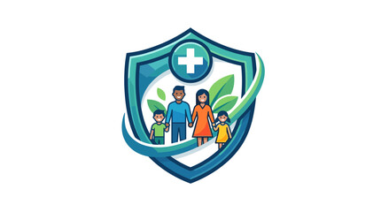 Family healthcare shield with medical cross and leaves