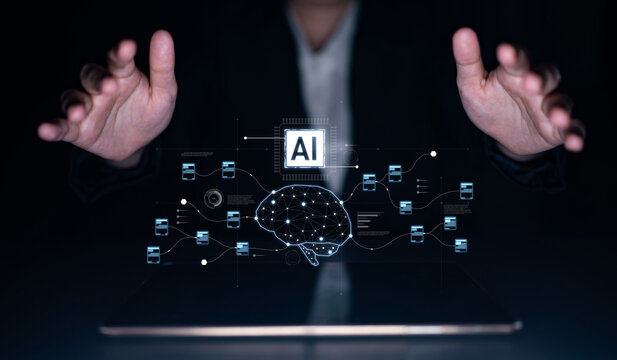 AI neural network and data processing system visualizing artificial intelligence with brain structure, chip, and connected data blocks for computation and learning Latch